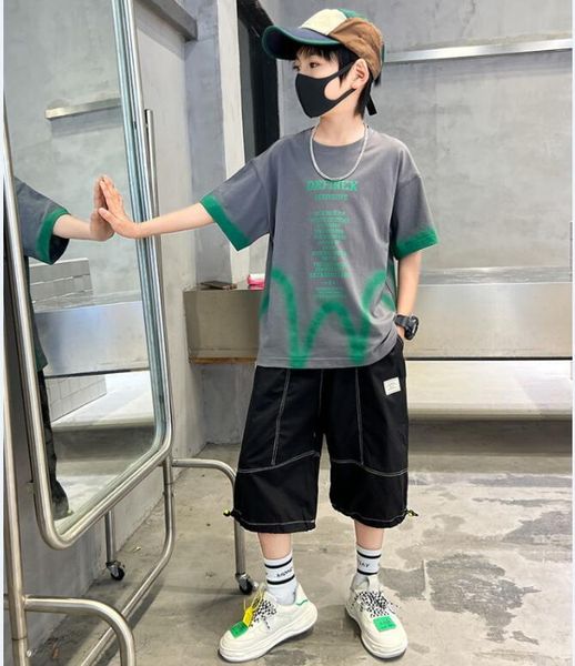 

2023ss new arrivals summer boys clothing sets t-shirt + shorts two pieces cotton printed big kids boys clothes suit 5-14 years old loose plu, White