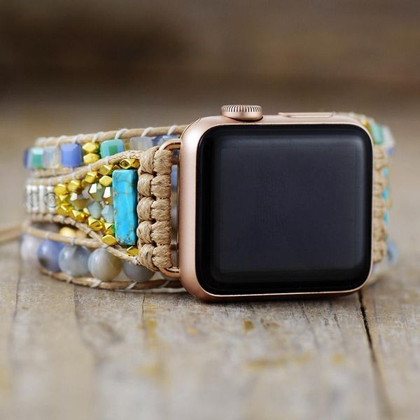 

bangle stylish rhinestone onyx smart watch strap beads 3x wrap vegan rope wristwatch band armband bracelet women jewelry accessories, Black