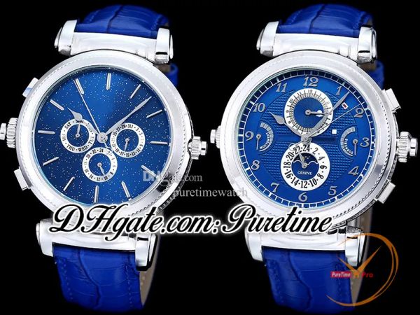 

grandmaster chime complicated 5175 automatic swiss quartz mens watch 175th anniversary steel case blue sstarry sky reverse dial leather supe, Slivery;brown