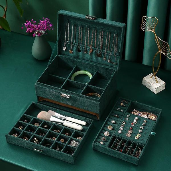 

boxes large layers jewelry box 6color flannel velvet pu leather vintage layers necklace earrings ring storage box jewlery organizer, Black;white