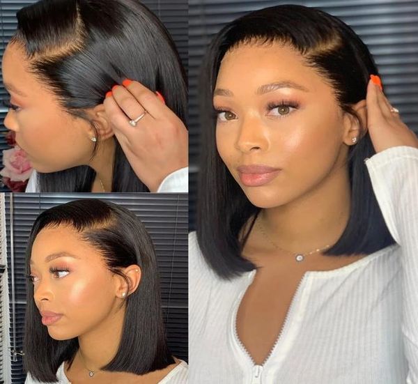 

14inch lace front human hair wigs bone straight bob wig brazilian hair short wigs for women 4x4 closure 13x4 lace frontal wig6888072, Black