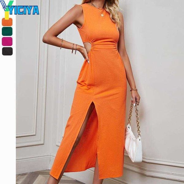 

yiciya casual dresses women's summer dress 2023 solid color slit waist revealing crewneck long female clothing, Black;gray