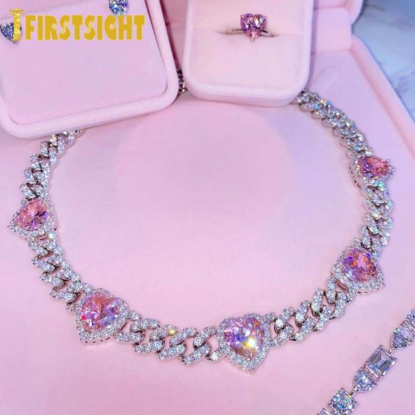

necklaces iced out bling 11mm cz miami cuban link chain heart necklace silver color aaa cz white pink hearts choker women hip hop jewelry