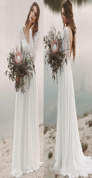 

beach country wedding dresses 2020 aline chiffon lace vneck with long sleeves backless draped bridal gown with illusion bodi9043319, White