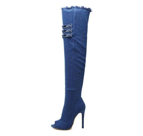 

2018 new fashion women hole denim high heels over the knee boots spring summer peep toe thigh high boots botas w6838338, Black