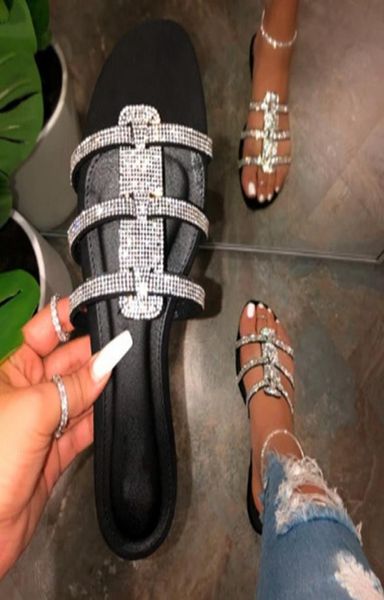 

loozykit new rhinestone women slippers 2020 summer fashion flat bling crystal ladies beach slipper ladies outdoor casual shoes8566097, Black