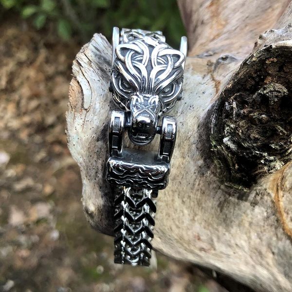 

bangle norse viking wolf punk link bracelets stainless steel biker jewelry, Black