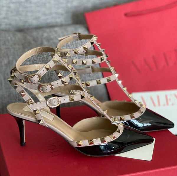

luxury brand high heels rivets sandals pointed thin heel 6cm 8cm 10cm summer fashion gold black matte genuine leather two belts red shiny we
