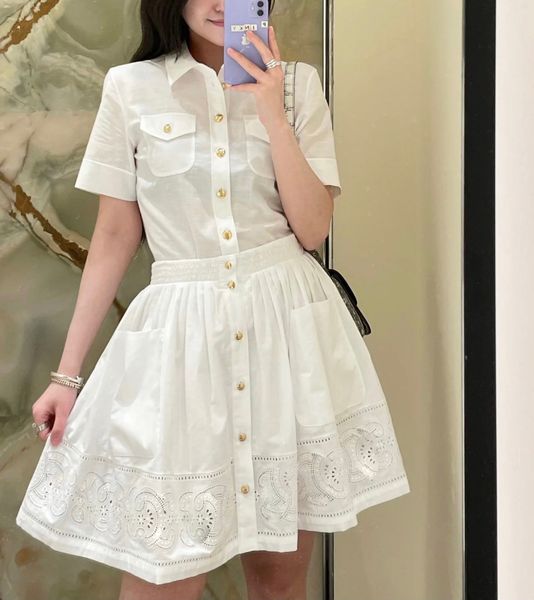 

two piece dress lapel neck sleeve embroidered cut-out mini dress, White