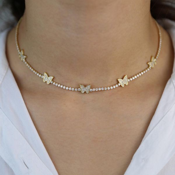 

necklaces 2mm cz tennis chain choker necklace with animal butterfly charm paved short necklace for lady women wedding necklace jewelry, Silver