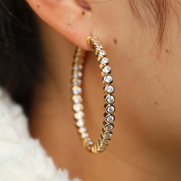 

huggie 2018 gold color high polished 50mm 2" hoop earrings paved with aaa austrian cz cubic zirconia for wedding party jewelry, Golden;silver