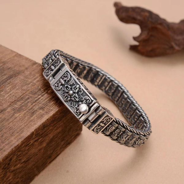 

bangle guochao men handwoven buddhist sixcharacter mantra revolving cylinder silver chain bracelet jewelry personality retro bracelet, Black