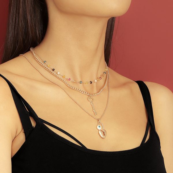 

designer jewlery fashion jewelryretro three-story street sheart-shaped key padlock pendant necklace female colored beads handmade necklace d, Silver