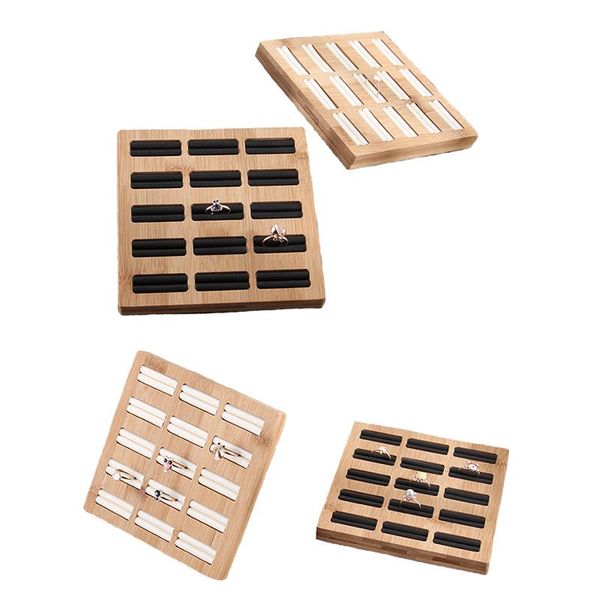 

boxes 15 grids rings storage tray jewelry display rack bamboo pu/velvet jewelry rings organizer rack display showcase shelf, Black;white