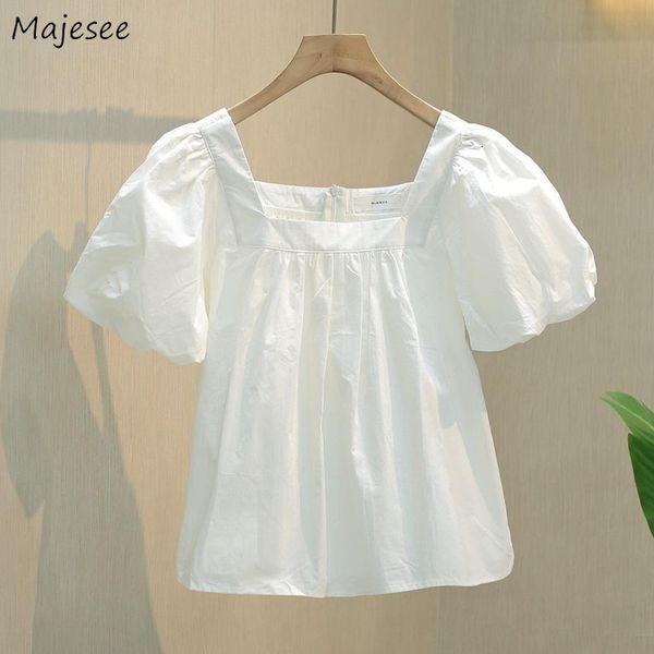 

womens blouses shirts women summer trendy korean style simple puff sleeve loose sweet folds square collar casual fashion student 230519, White