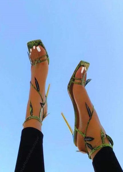 

sorphio ins brand female party fashion women shoes stiletto heel square toe ankle strap leaf sandals women open toe sandals1800512, Black