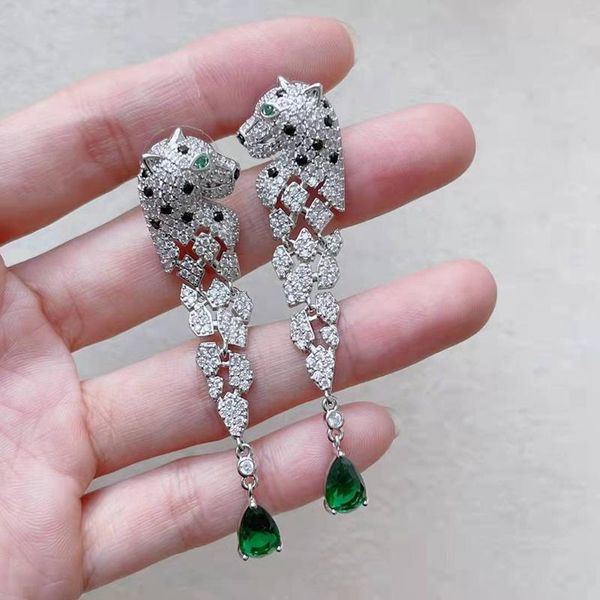 

knot green emerald color zircon leopard dangle earring panther animal 925 silver ear pin tassel jewelry for women wedding party