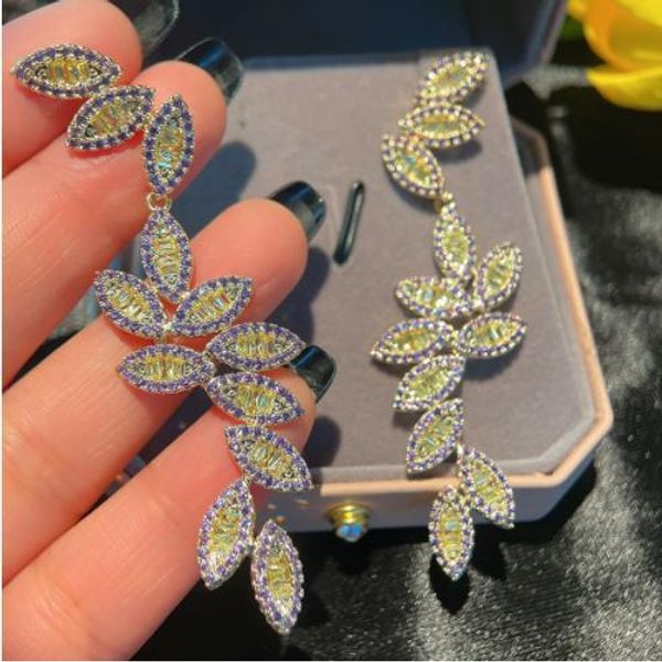 

knot s925 silver needle microencrusted zirconium colored zircon leaf earrings color matching beautiful lady earrings female