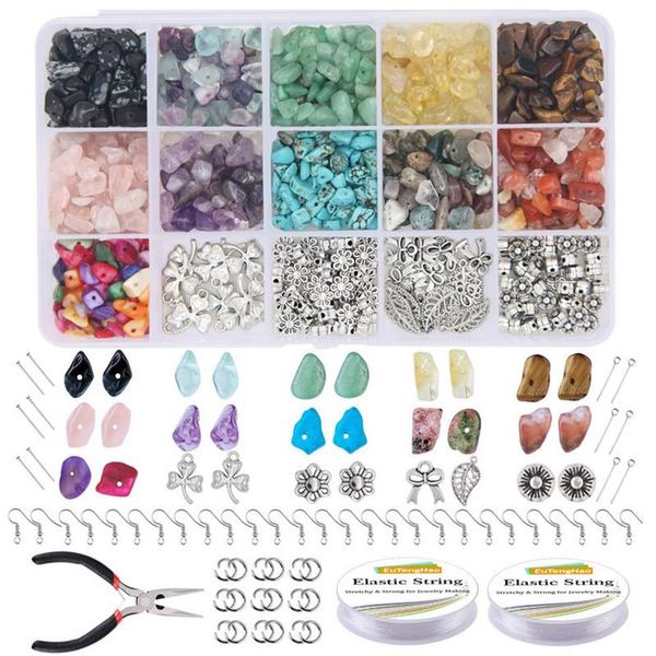 

polish 10/15grid irregular gemstone beads kit with spacer beads lobster clasps elastic jump rings for diy jewelry making supplies kit, Blue