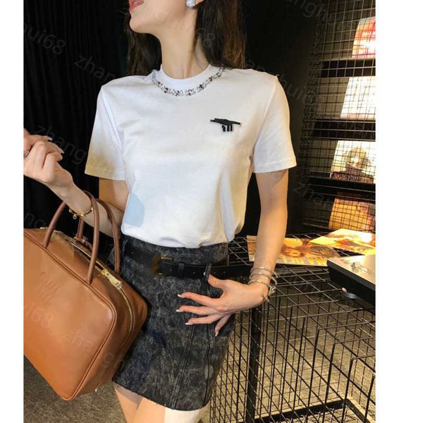 

23ss womens designer clothing tee womens t-shirt round neck pure cotton spring and summer new collar rhinestones decorative bow short sleeve, White