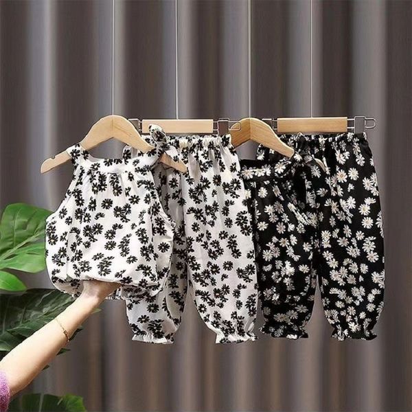 

clothing sets 2pcs baby girls summer sleeveless flower kids clothes chiffon shirts pants suit children casual loungewear 230519, White