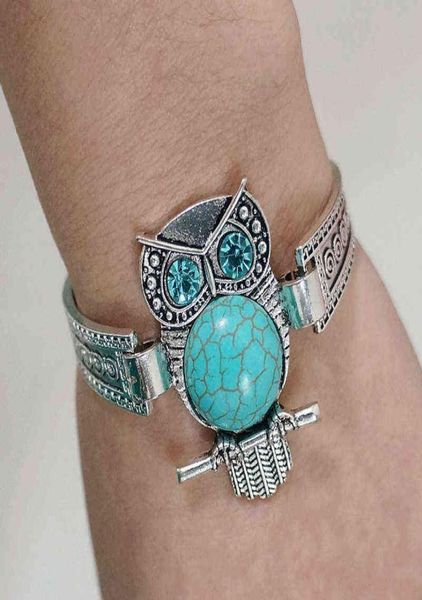 

classical vintage owl turquoises bracelet bangles for women men fashion jewelry silver plated charm friendship4983098, Black