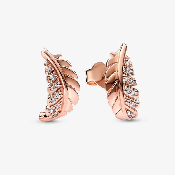 

floating curved feather stud earrings for pandora 18k rose gold party earring set designer jewelry for women 100% 925 silver earring with or, Golden;silver