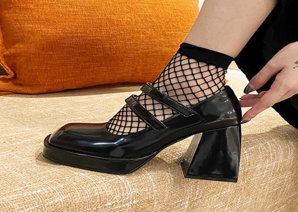 

dress shoes women pumps high heels square toe chunky heel buckle black white mary janes street platform retro plush winterde397928162