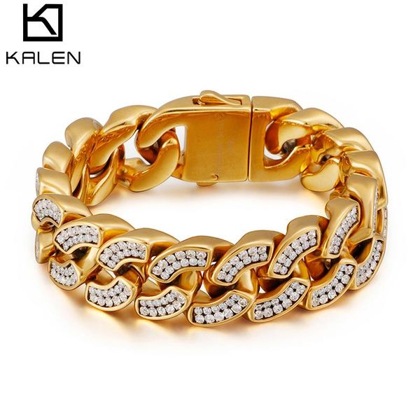 

bangle 20mm 316l stainless steel with 18k color gold cubic zirconia cuban bracelet men hiphop rock jewelry, Black