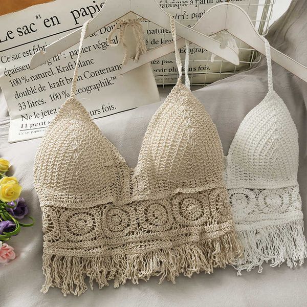 

sports knits tanks shirts women crop summer retro wild hollow perspective tassel spaghetti strap built in bra new back lace halter neck, White