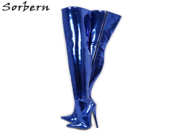 

sorbern crotch thigh high boot 18cm spike high heel stilettos metallic royal blue hard shaft custom wide calf fit boots2759747, Black