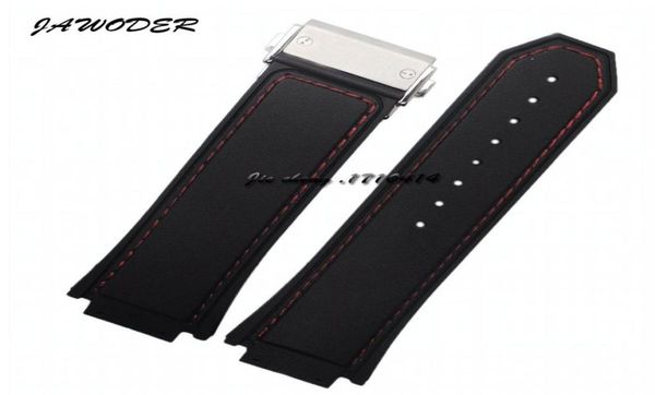 

jawoder watchband 30 x19mm men red stitched black silicone rubber watch band strap stainless steel deployment buckle for hub big b2121606, Black;brown