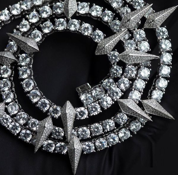 

hbp iced out bling 5a tennis chain spike charm necklace hip hop rock punk cool men bling jewelry 2207205333410, Silver