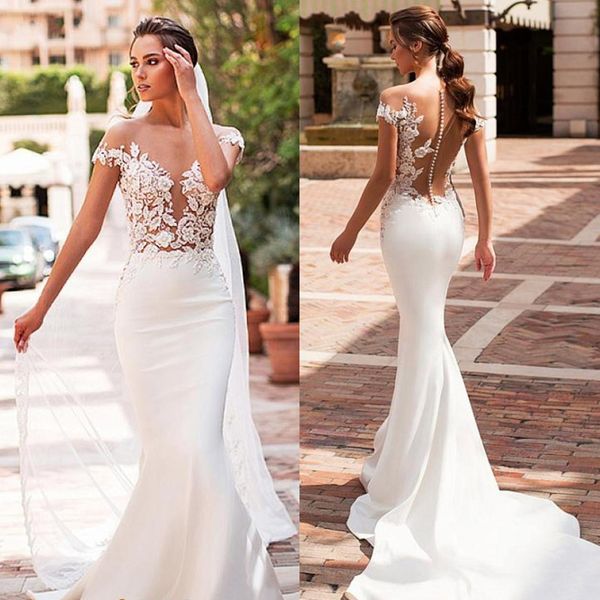 

boho mermaid wedding dresses satin cap sleeve sheer illusion vestido de noiva lace bohemian bride gowns with romantic buttons back, White