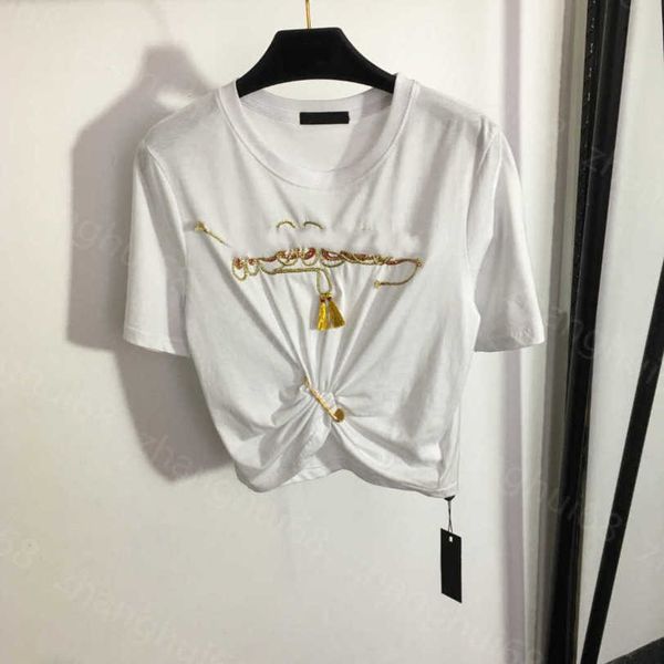 

23ss womens t-shirt womens designer clothing tee round neck pure cotton pin chain letter tucked waist short sleeve t-shirt womens clothes a1, White