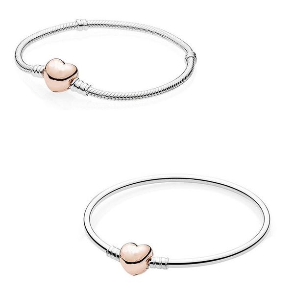 

bangle authentic 925 sterling silver moments rose gold love heart clasp snake chain bracelet bangle fit bead charm diy fashion jewelry, Black