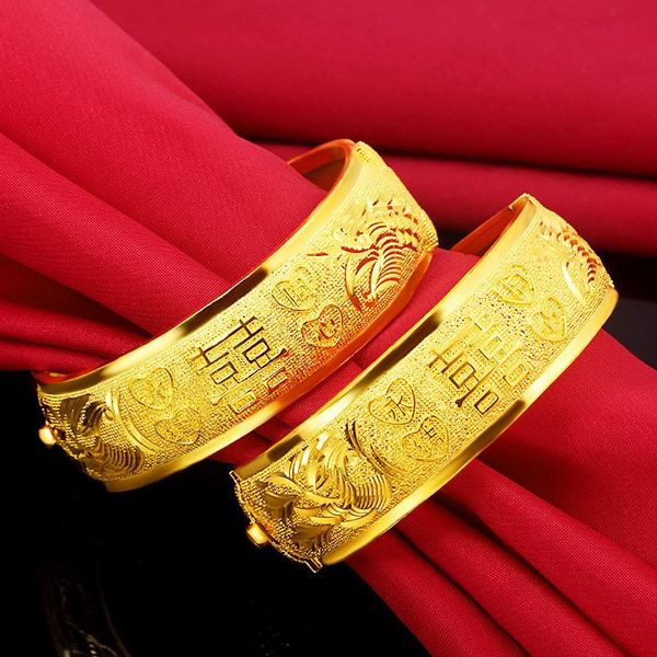 

bangle 18k gold plated ladies bracelet wide bracelet bangle retro style dragon phoenix bangles for bride birthday wedding jewelry gift, Black