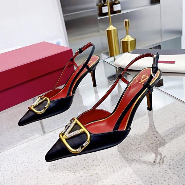 

luxury brand high heels sandals casual shoes women classics gold v-buckle pointed thin heels lady wedding shoes nude black gold blue matte w