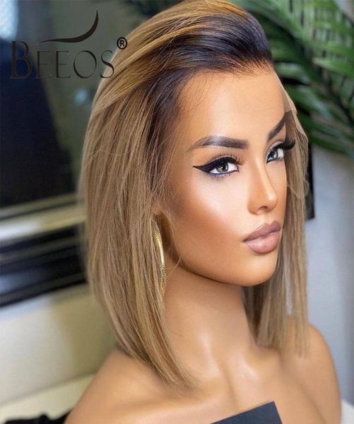 

beeos 180 134 deep part lace front human hair wig straight bob short ombre ash blonde hair pre plucked brazilian remy hair7142423, Black