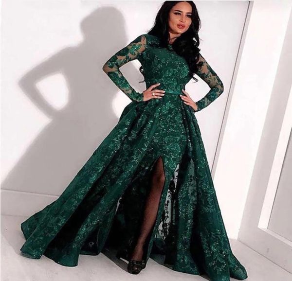 

green long sleeves muslim evening dresses lace sequin slit dubai kaftan saudi arabic elegant formal dress evening gown7364984, Black;red