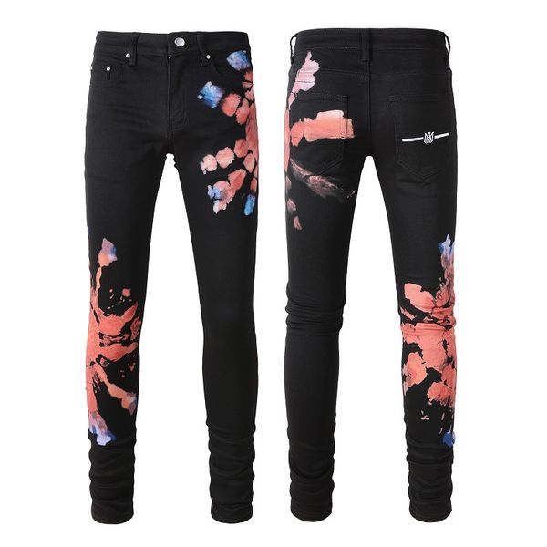 

Casual men black straight washed graffiti pattern splashes ink amiryes elastic jeans