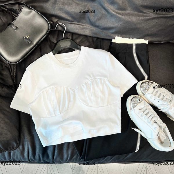 

round neck tees designer woman t-shirt size s-l lady short sleeve female summer chest pleated decoration may16, White