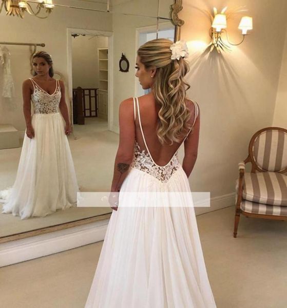 

elegant a line beach wedding dresses 2020 new lace applique v neck backless chiffon bridal gowns custom made 7481100669, White