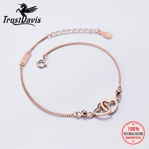 

bangle trustdavis minimalist authentic 925 sterling silver fashion romantic double heart bracelets for women wedding s925 jewelry db460, Black