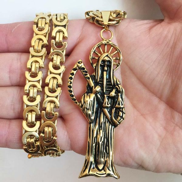 

necklaces santa muerte holy death grim reaper gold/black tone pendant with 8.5mm flat byzantine chain, Silver