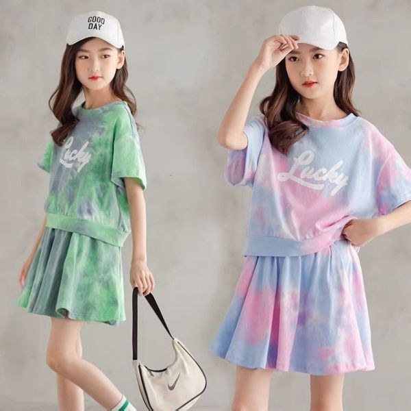 

clothing sets 2pcs tie dye summer big kids baby tall girls clothes tshirtskirt for 10 11 12 13 14 15 16 years old 150cm 160cm height 230519, White