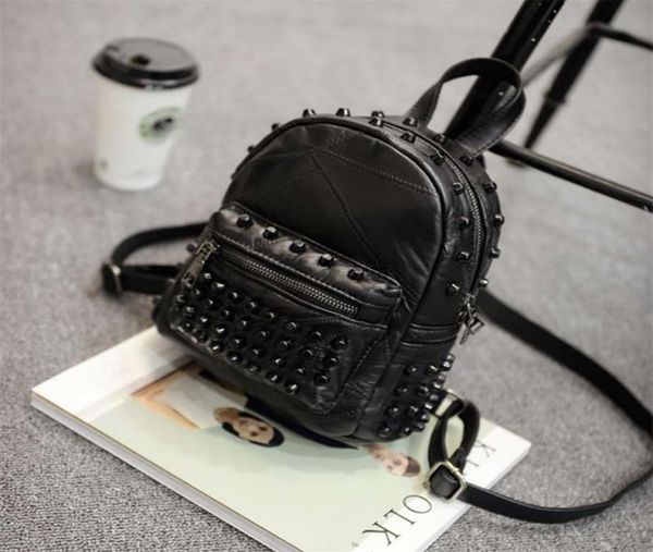 

women small genuine leather backpack purse rivet bagpack daily cute black for girls schoolbag casual travel daypack 2109299122622