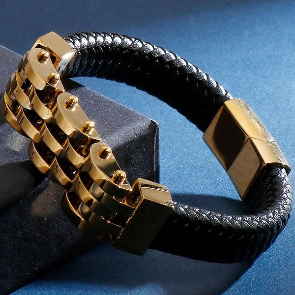 

bangle handmade men's leather bracelet for men with magnet clasp 316l stainless steel mens bracelets jewellery name engrave maker, Black