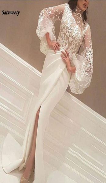 

white muslim evening dresses mermaid high collar long sleeves lace slit islamic dubai saudi arabic long evening gown prom8822324, Black;red