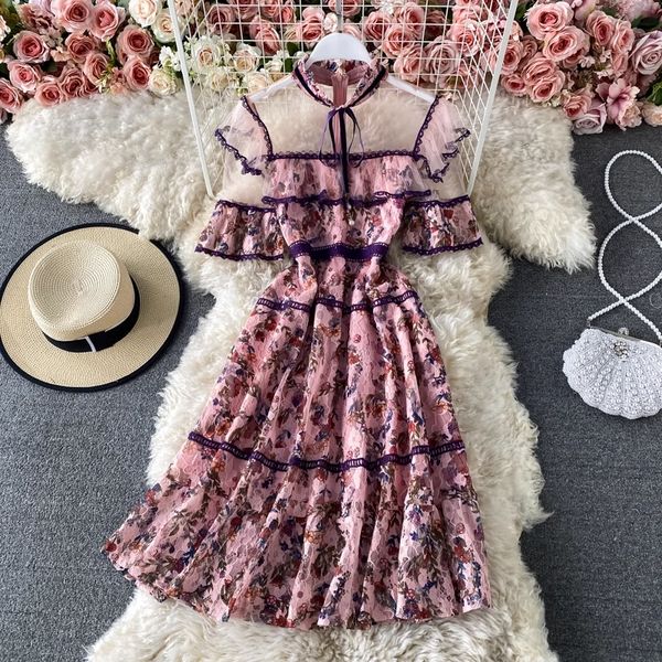 

2023 summer new elegant standing neck print dress flare short sleeve mesh panel lace fragmented ruffle edge dress, Black;gray